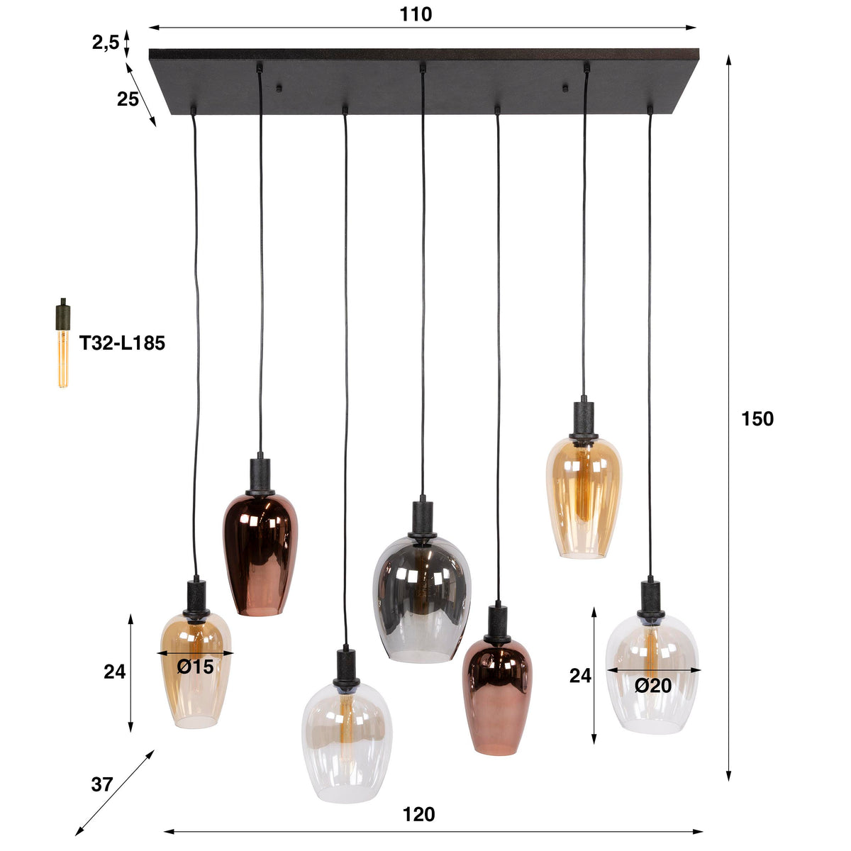 Hanglamp Amfora artic zwart - 7-lichts, 120 cm breed