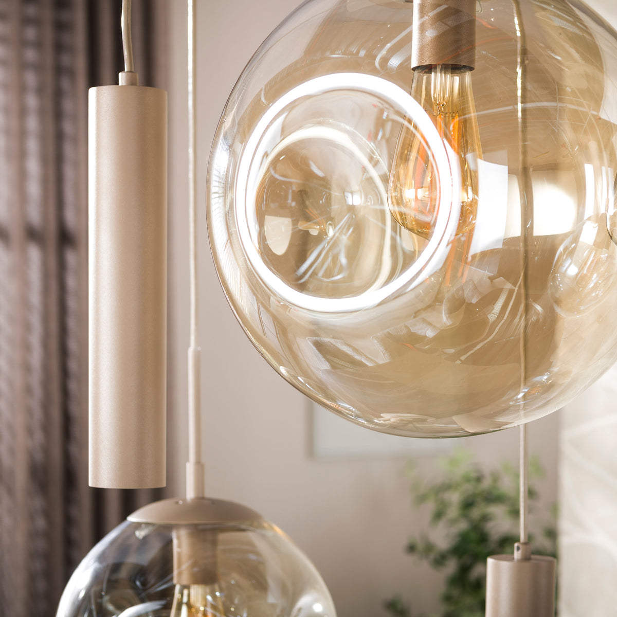 Pendant lamp Stellar cord beige - 5+4-light, 133 cm wide