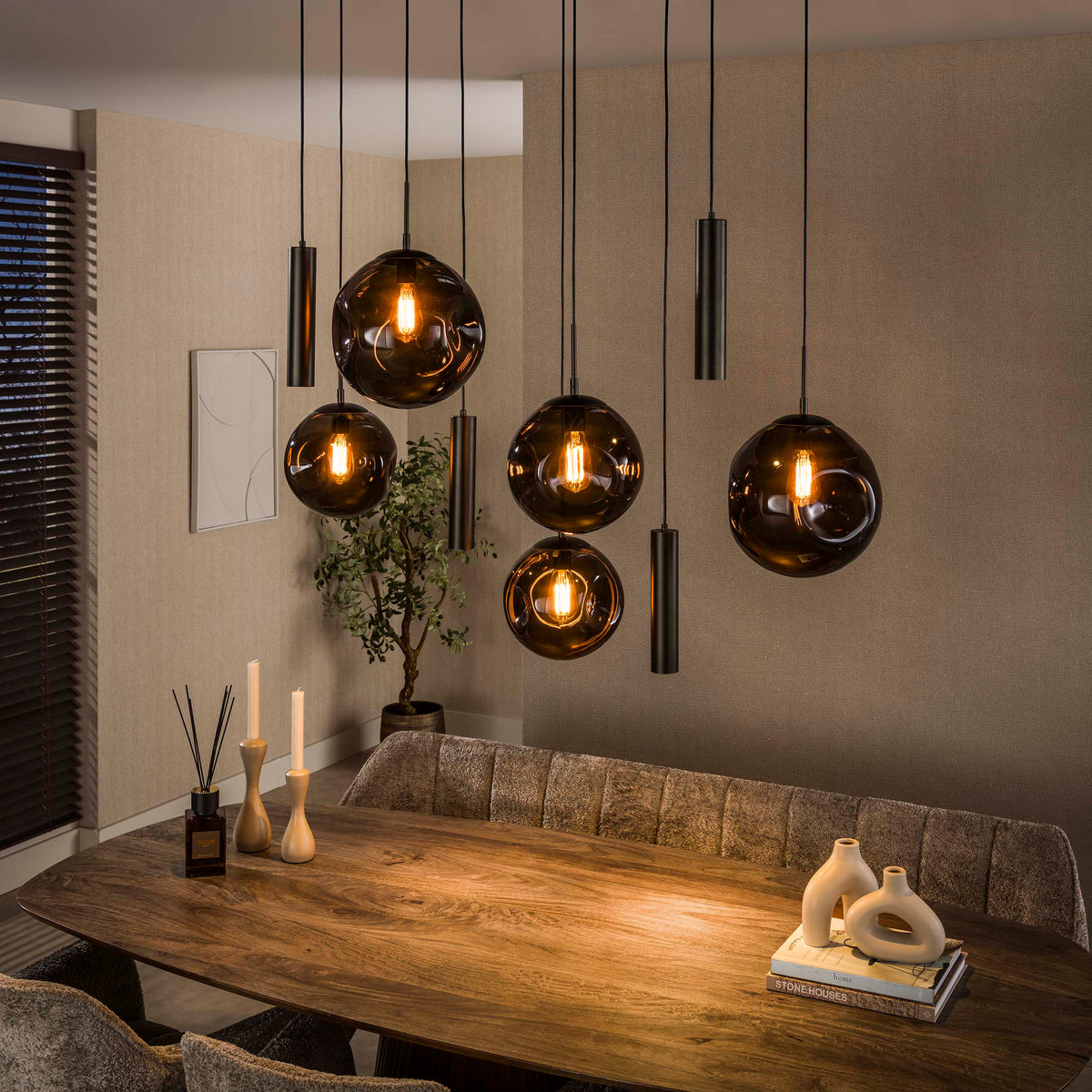 Pendant lamp Stellar cord sienna brown - 5+4-light, 133 cm wide