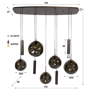Suspension Stellar à cordons brun sienna - 5+4 lumières, largeur 133 cm