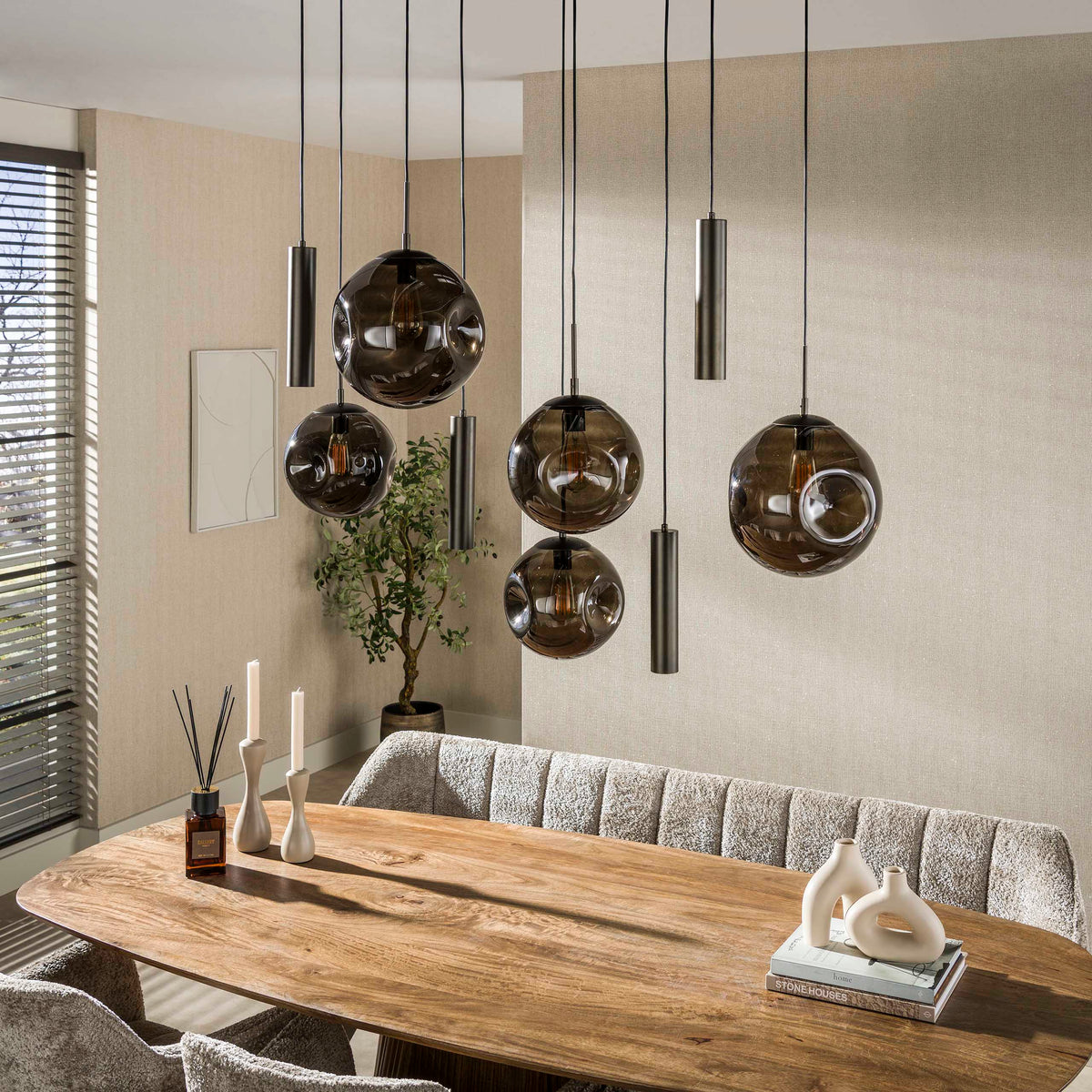 Pendant lamp Stellar cord sienna brown - 5+4-light, 133 cm wide