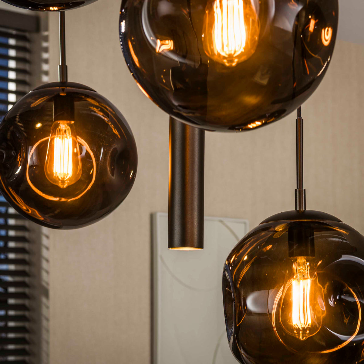 Pendant lamp Stellar cord sienna brown - 5+4-light, 133 cm wide