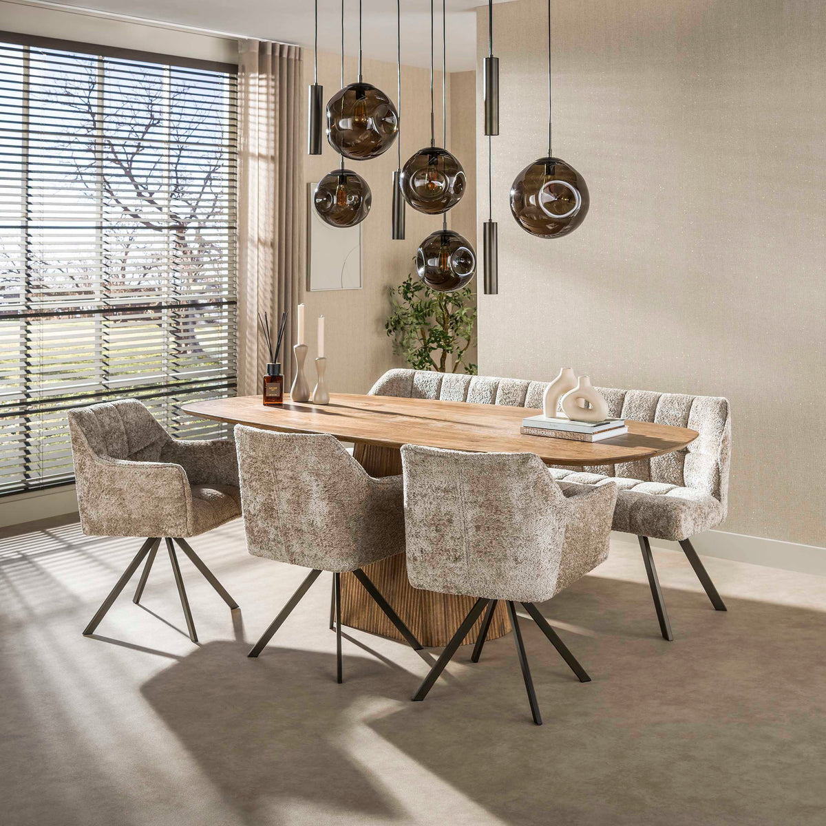 Pendant lamp Stellar cord sienna brown - 5+4-light, 133 cm wide