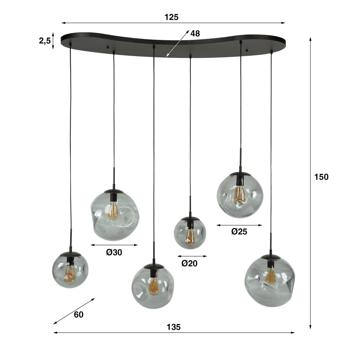 Hanglamp Stellar Black artic zwart - 6-lichts, 135 cm breed