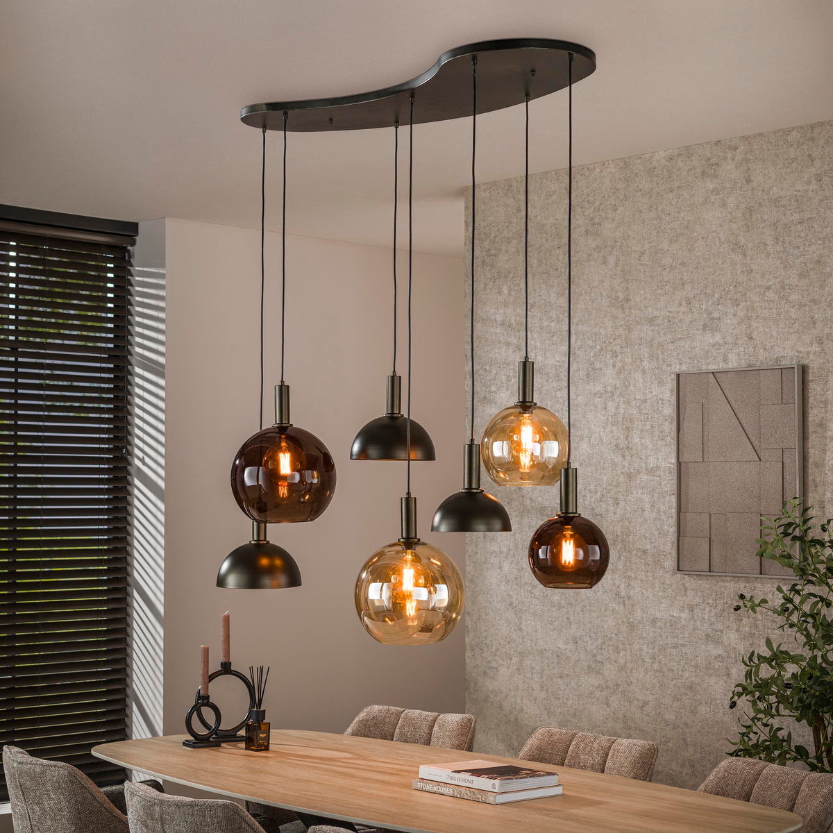 Suspension Cluster brun sienna - 4+3 lumières, largeur 145 cm