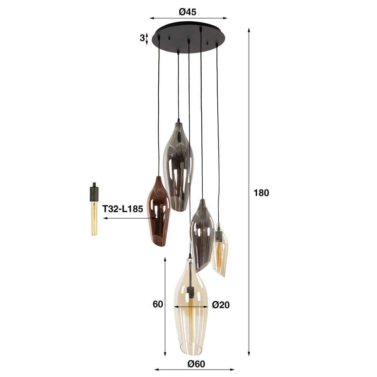 Suspension Cocoon noir - 5 lumières, diamètre 60 cm