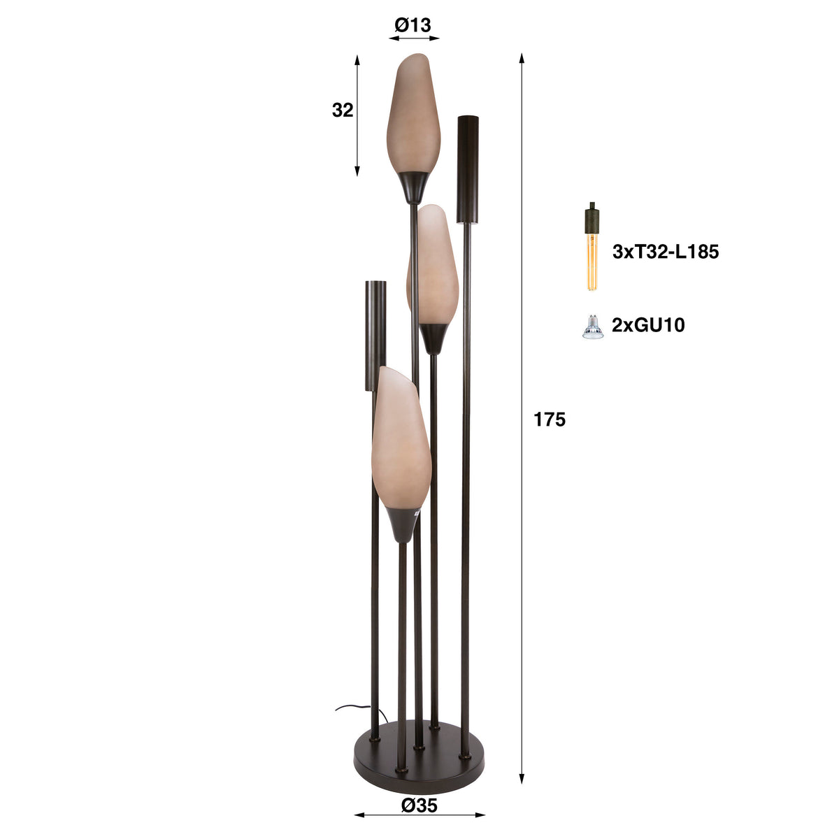 Vloerlamp Cocoon sienna bruin frosted - 5-lichts, 178 cm hoog