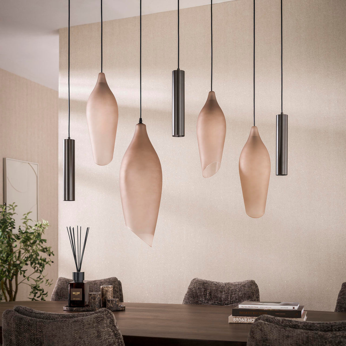 Pendant lamp Cocoon cord sienna brown frosted - 4+3-light, 105 cm wide