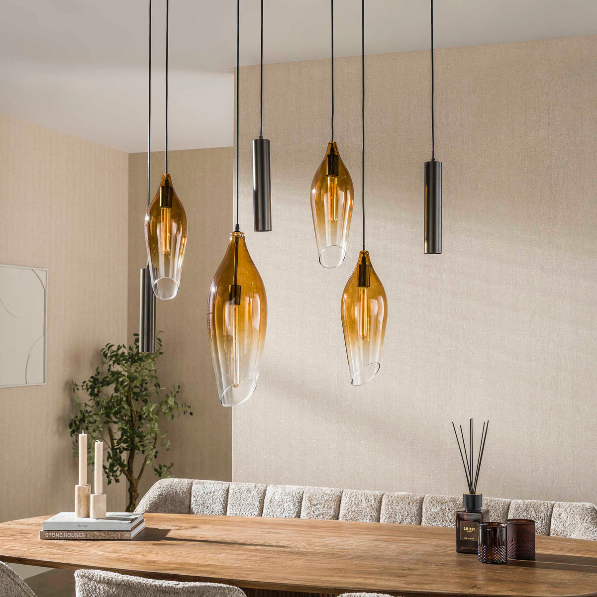 Pendant lamp Cocoon cord sienna brown shaded - 4+3-light, 105 cm wide