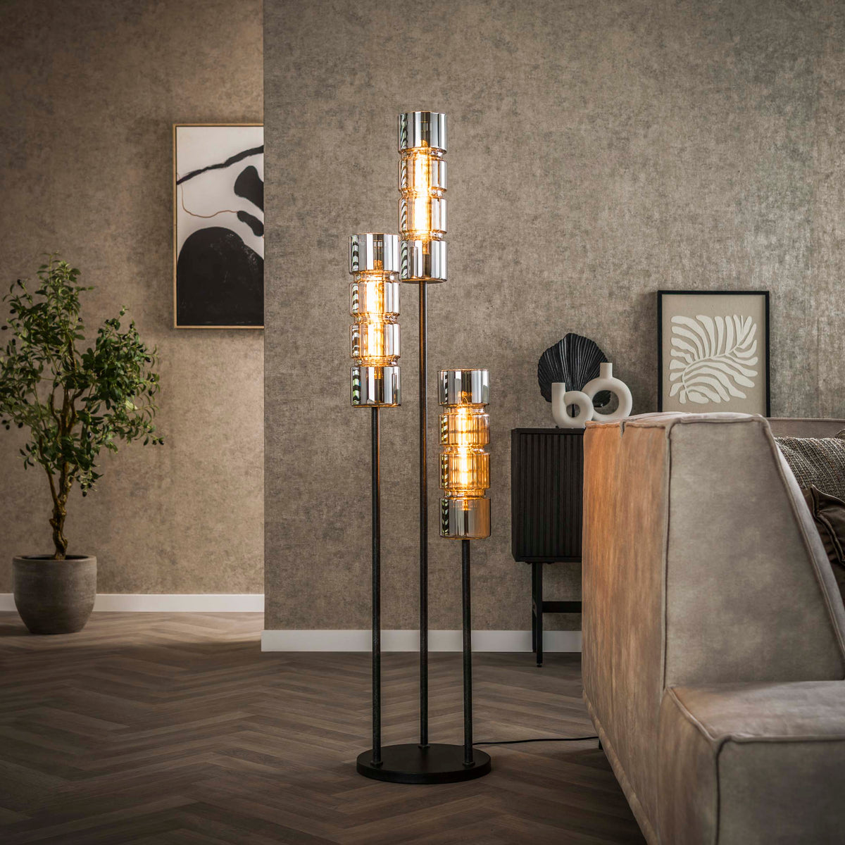 Vloerlamp Cylinder Glass artic zwart - 3-lichts, 155 cm hoog