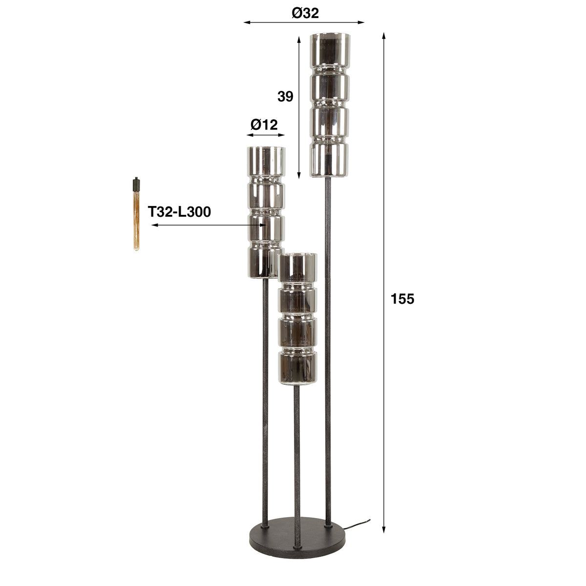 Vloerlamp Cylinder Glass artic zwart - 3-lichts, 155 cm hoog