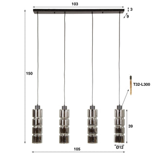Hanglamp Cylinder Glass artic zwart - 4-lichts, 105 cm breed