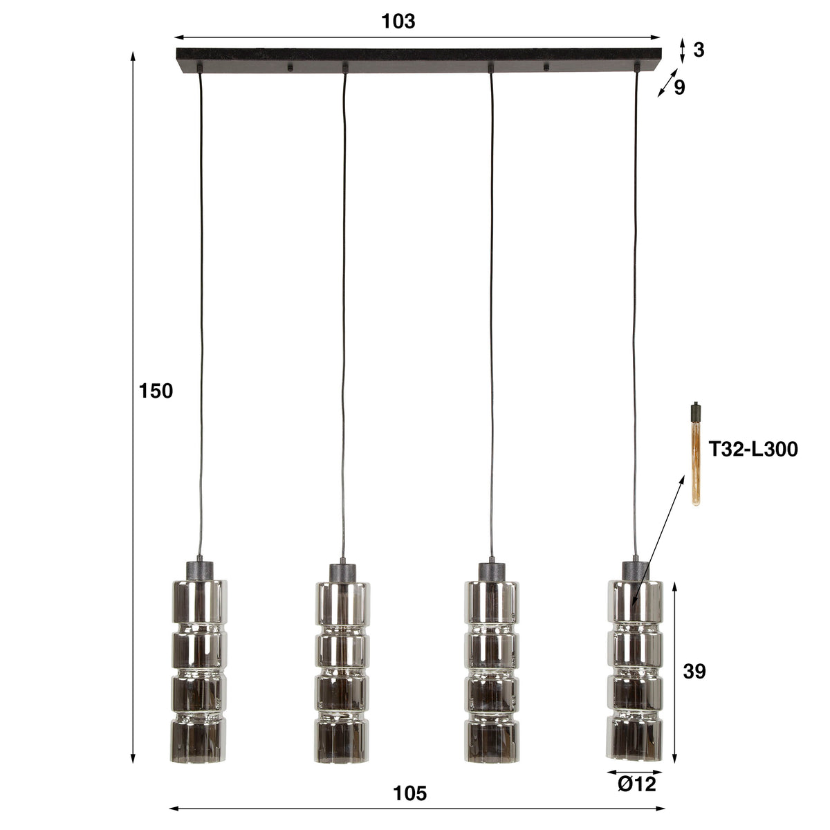 Hanglamp Cylinder Glass artic zwart - 4-lichts, 105 cm breed