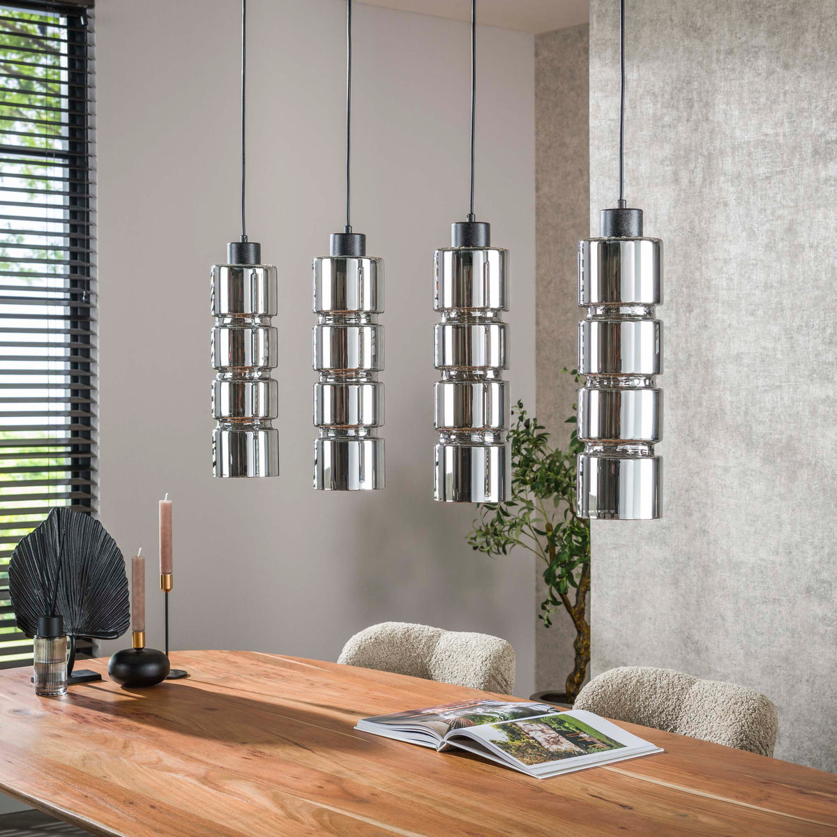 Hanglamp Cylinder Glass artic zwart - 4-lichts, 105 cm breed