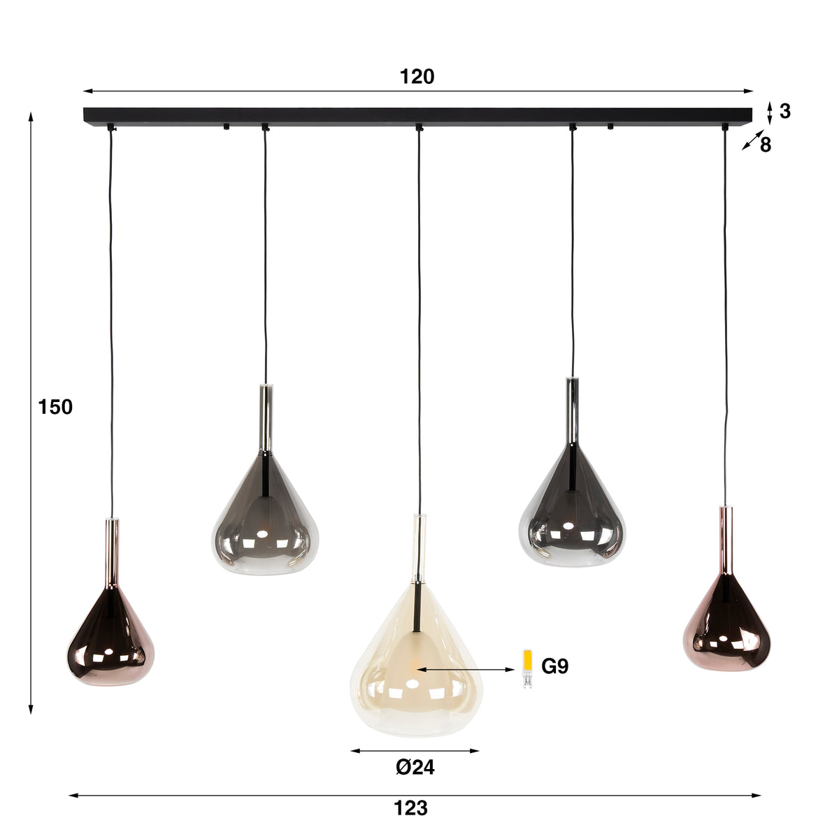 Suspension Wings noir - 5 lumières, largeur 123 cm