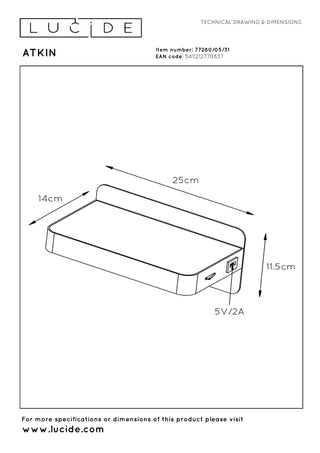ATKIN - Bed light / Wall light - LED - 1x6W 3000K - With USB charging point - White