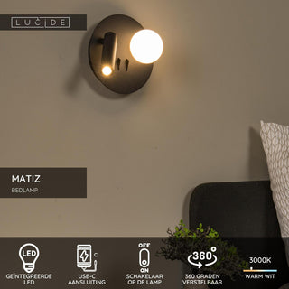 MATIZ - Bed light / Wall light - Ø 16.5 cm - LED - 3000K - With USB charging point - Black