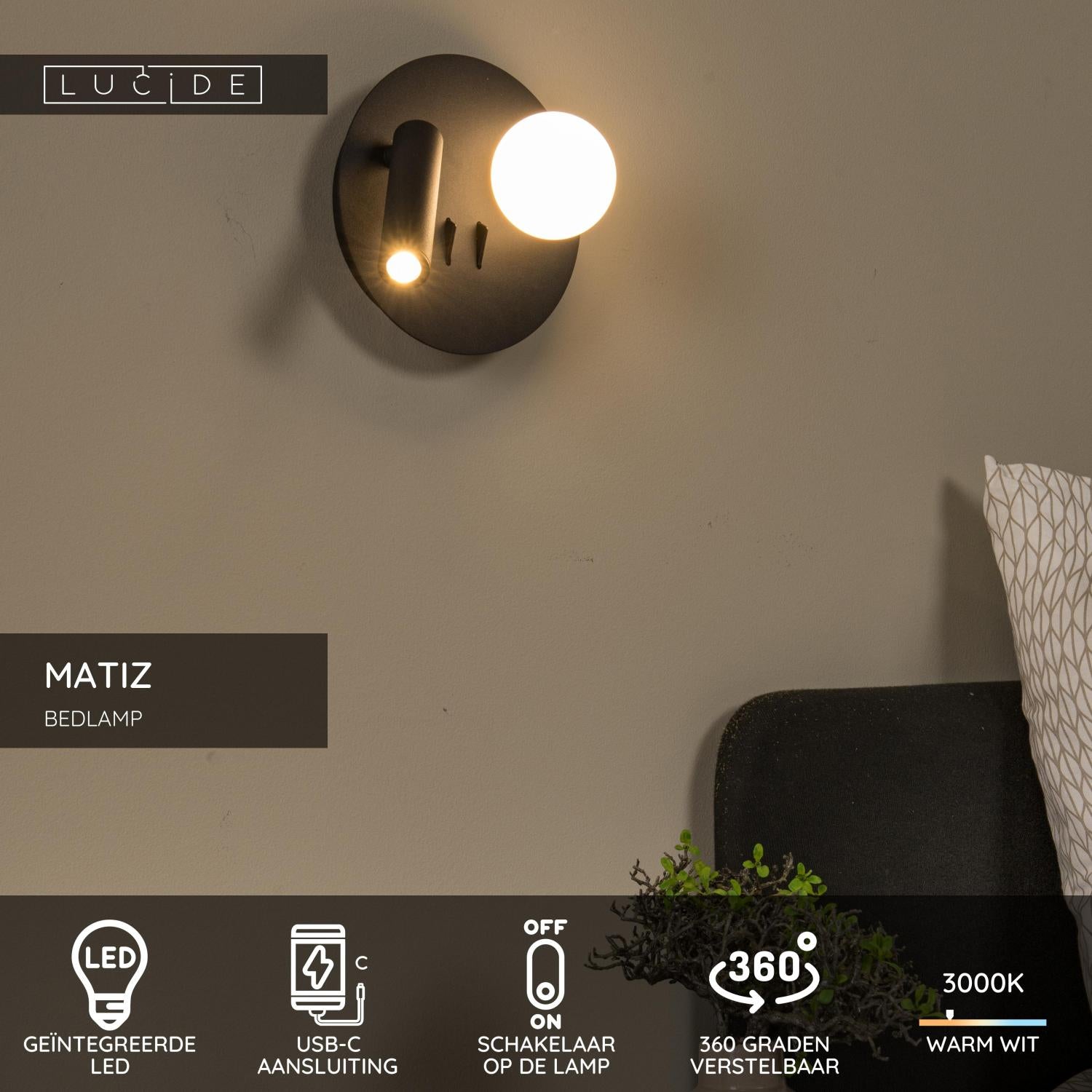 MATIZ - Bed light / Wall light - Ø 16.5 cm - LED - 3000K - With USB charging point - Black