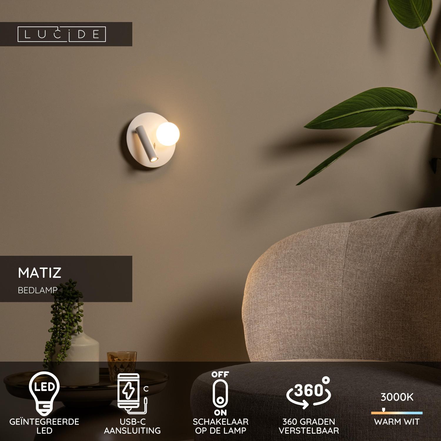 MATIZ - Bed light / Wall light - Ø 16.5 cm - LED - 3000K - With USB charging point - White