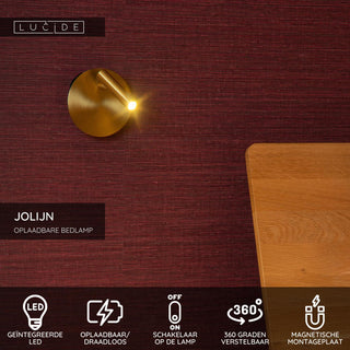 JOLIJN - Lampe de chevet / Applique murale rechargeable - Batterie/Pile - Ø 10,2 cm - LED - 1x2W 3000K - Magnétique - Or mat / Laiton