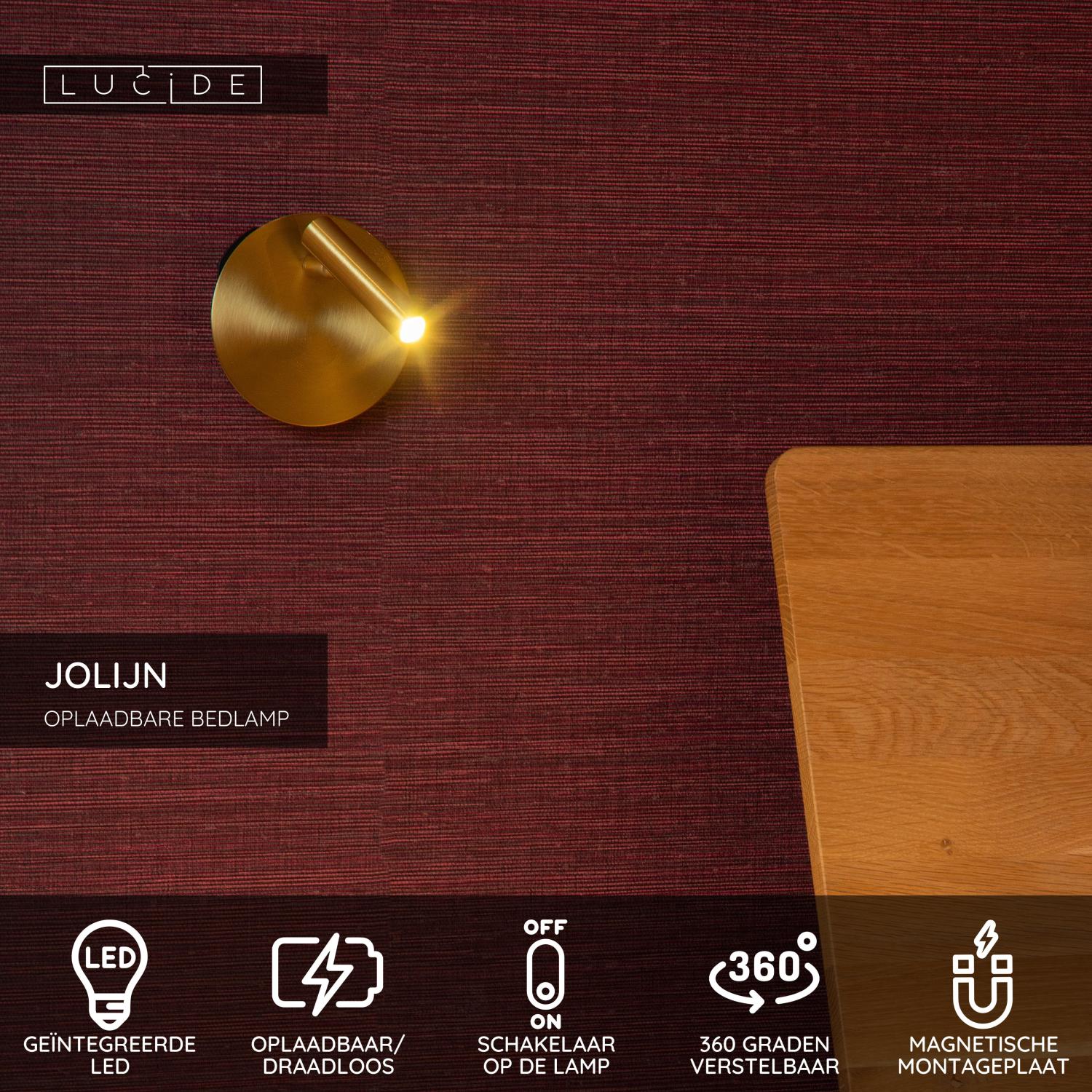 JOLIJN - Lampe de chevet / Applique murale rechargeable - Batterie/Pile - Ø 10,2 cm - LED - 1x2W 3000K - Magnétique - Or mat / Laiton