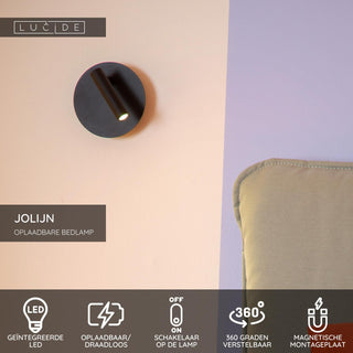 JOLIJN - Lampe de chevet / Applique murale rechargeable - Batterie/Pile - Ø 10,2 cm - LED - 1x2W 3000K - Magnétique - Noir