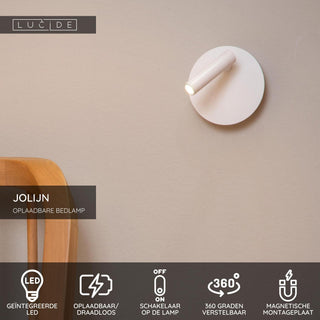 JOLIJN - Oplaadbare Bedlamp / Wandlamp - Accu/Batterij - Ø 10,2 cm - LED - 1x2W 3000K - Magnetisch - Wit
