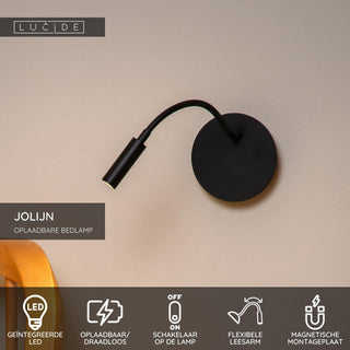 JOLIJN - Rechargeable bed light / wall light - Battery - Ø 11 cm - LED - 1x2W 3000K - Magnetic - Black