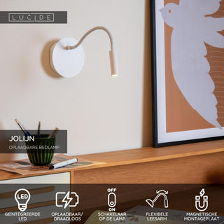 JOLIJN - Rechargeable bed light / wall light - Battery - Ø 11 cm - LED - 1x2W 3000K - Magnetic - White