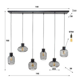 Hanglamp Mix Metal antraciet - 3+3-lichts, 145 cm breed