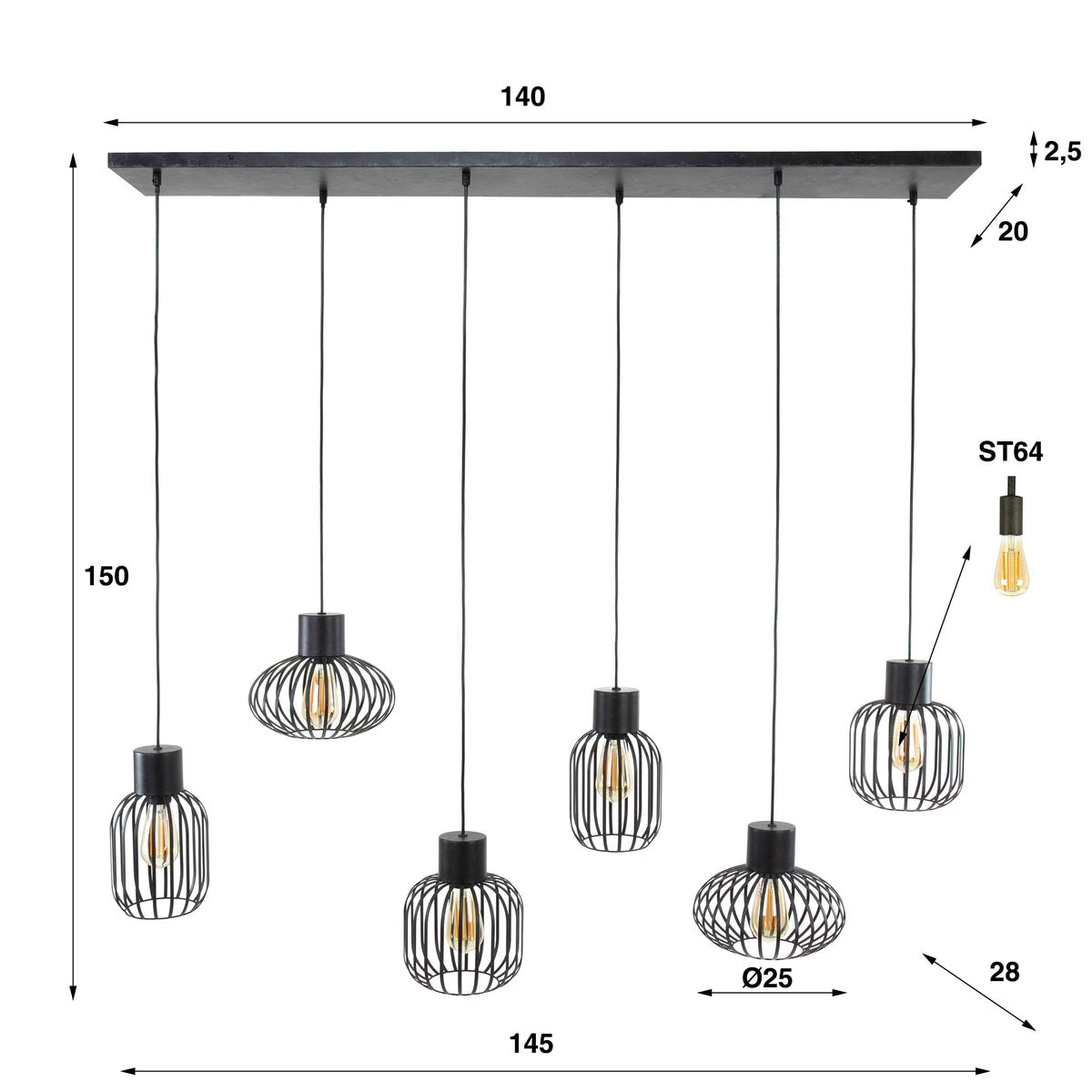 Hanglamp Mix Metal antraciet - 3+3-lichts, 145 cm breed