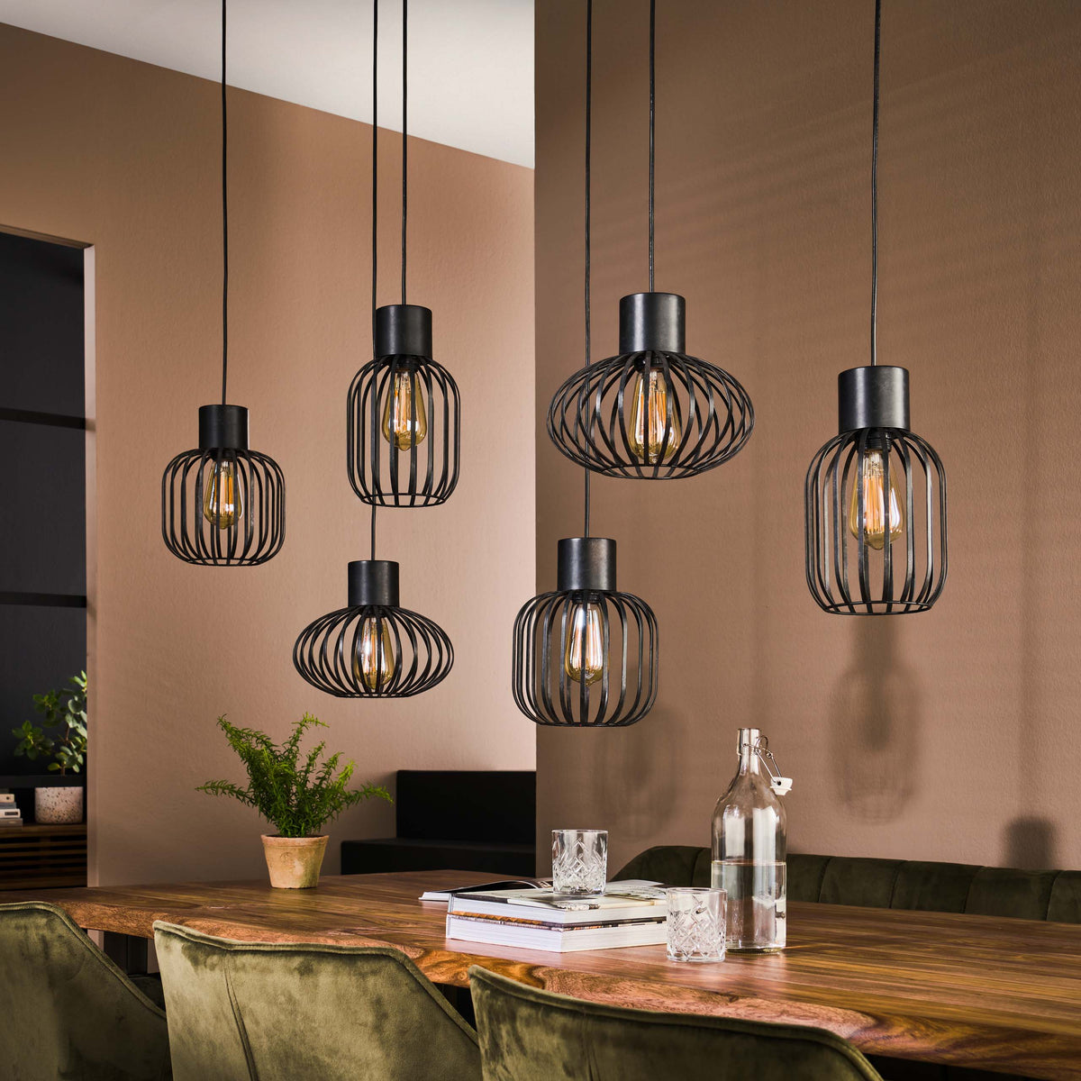 Hanglamp Mix Metal antraciet - 3+3-lichts, 145 cm breed