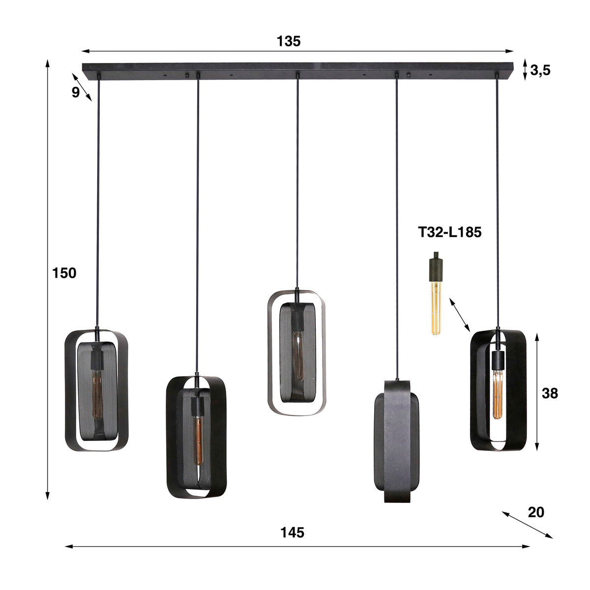 Pendant lamp Mesh Rotate artic black - 5-light, 145 cm wide