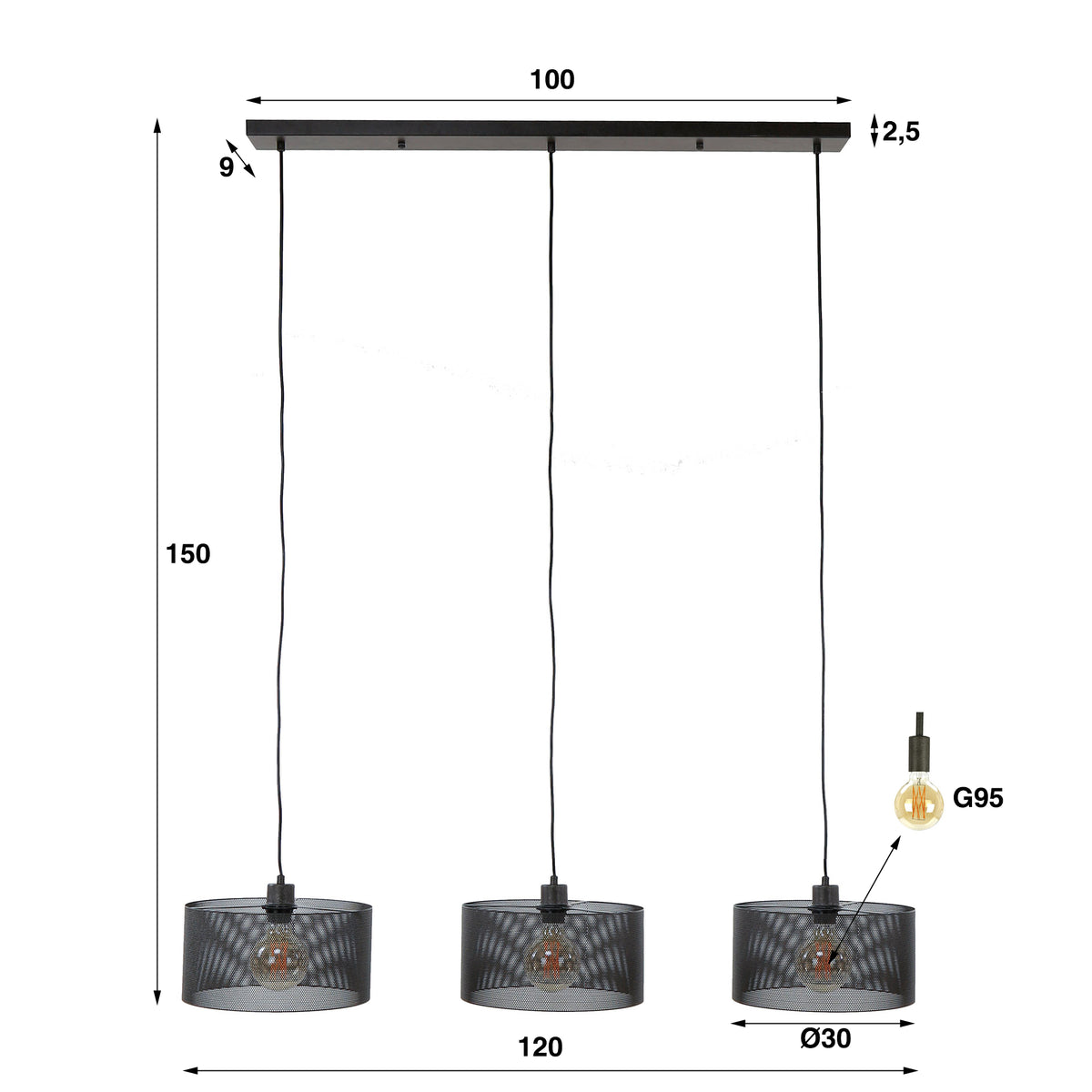 Pendant lamp Mesh Round artic black - 3-light, 120 cm wide