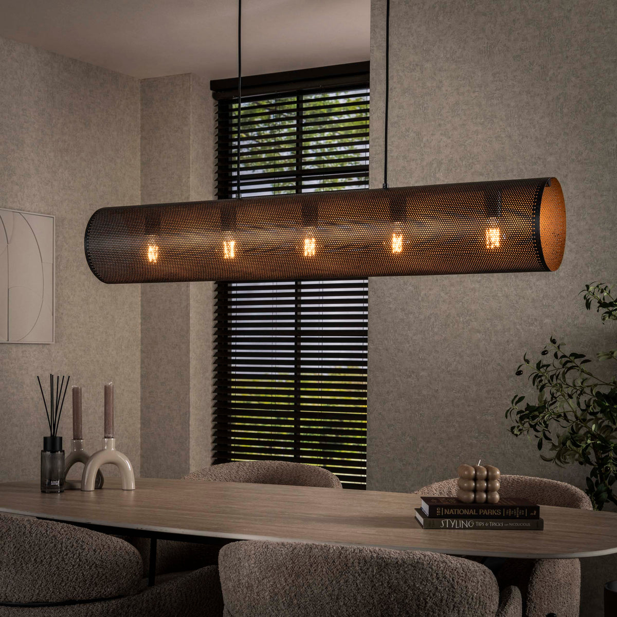 Hanglamp Tubon Mesh artic zwart - 5-lichts, 120 cm breed