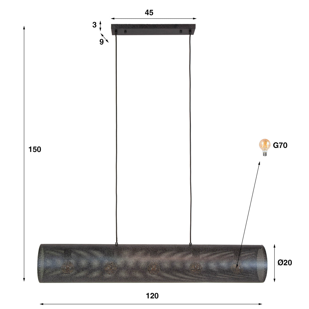 Hanglamp Tubon Mesh artic zwart - 5-lichts, 120 cm breed