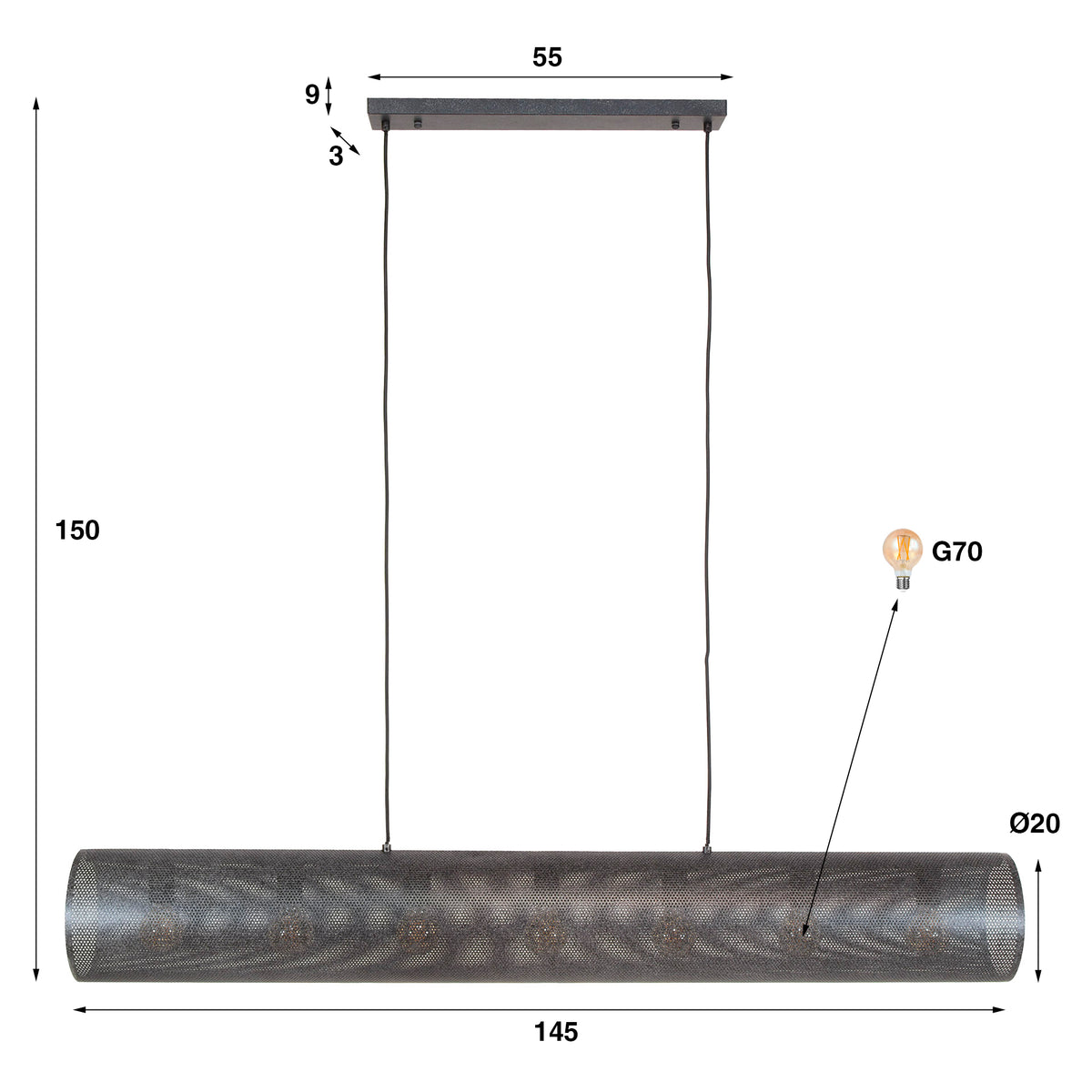 Suspension Tubon Mesh noir artic - 7 lumières, largeur 145 cm