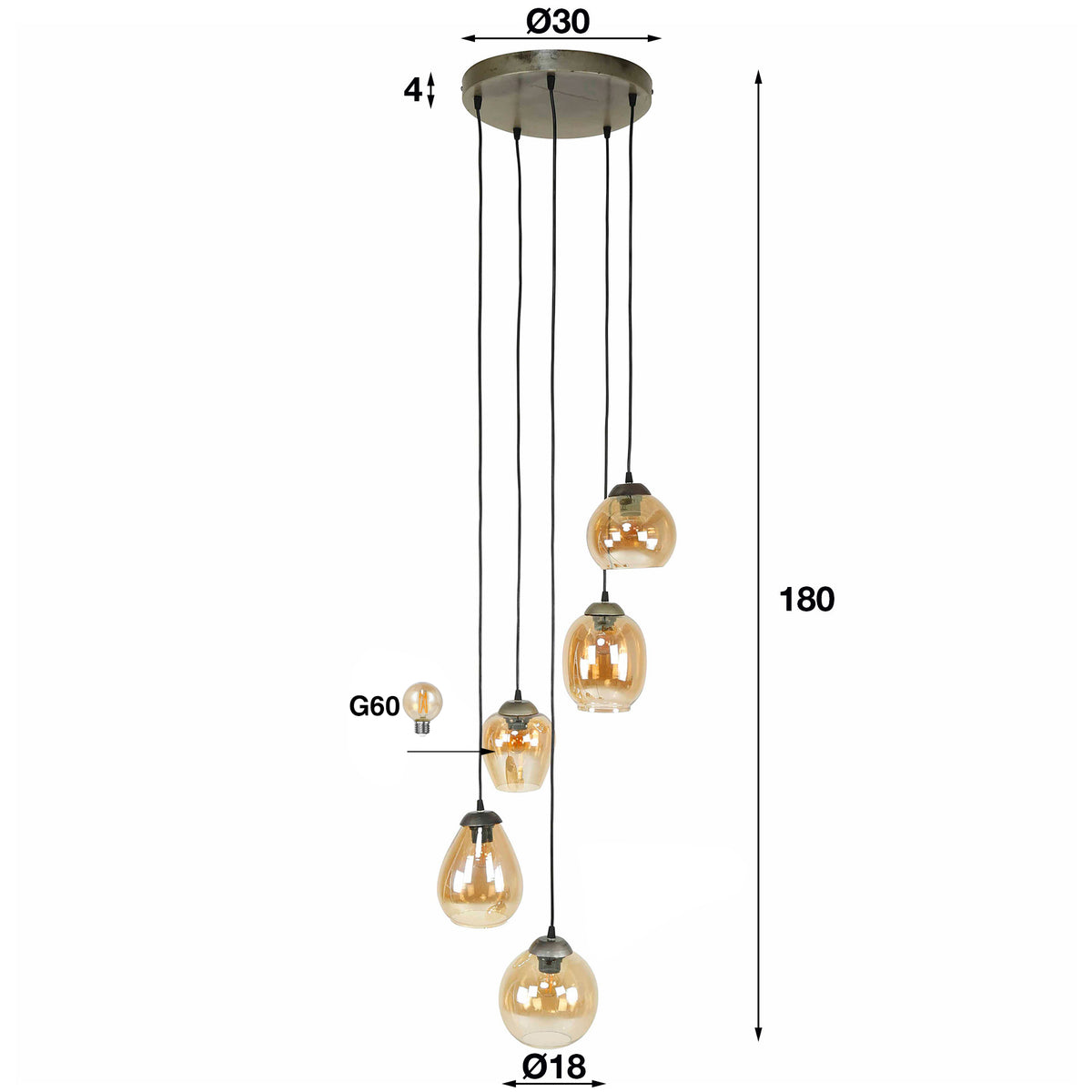 Pendant lamp Mix amber glass - 5-light, diameter 43 cm