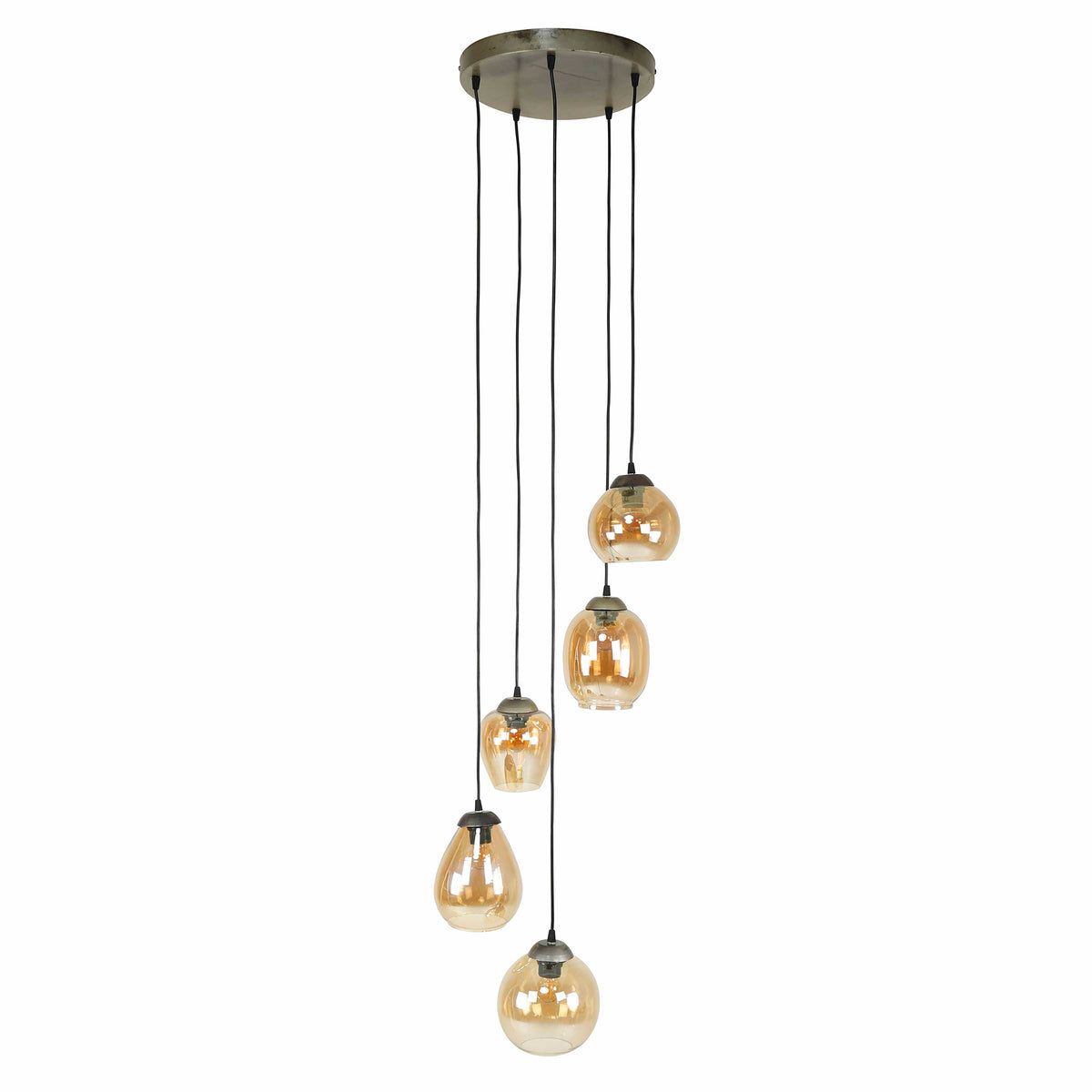 Pendant lamp Mix amber glass - 5-light, diameter 43 cm