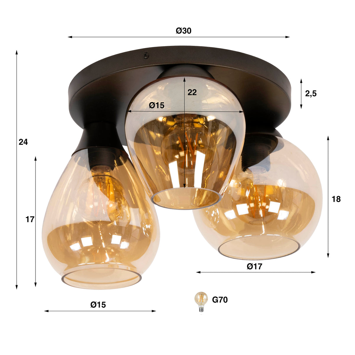 Plafondlamp Mix amber glas - 3-lichts, diameter 41 cm