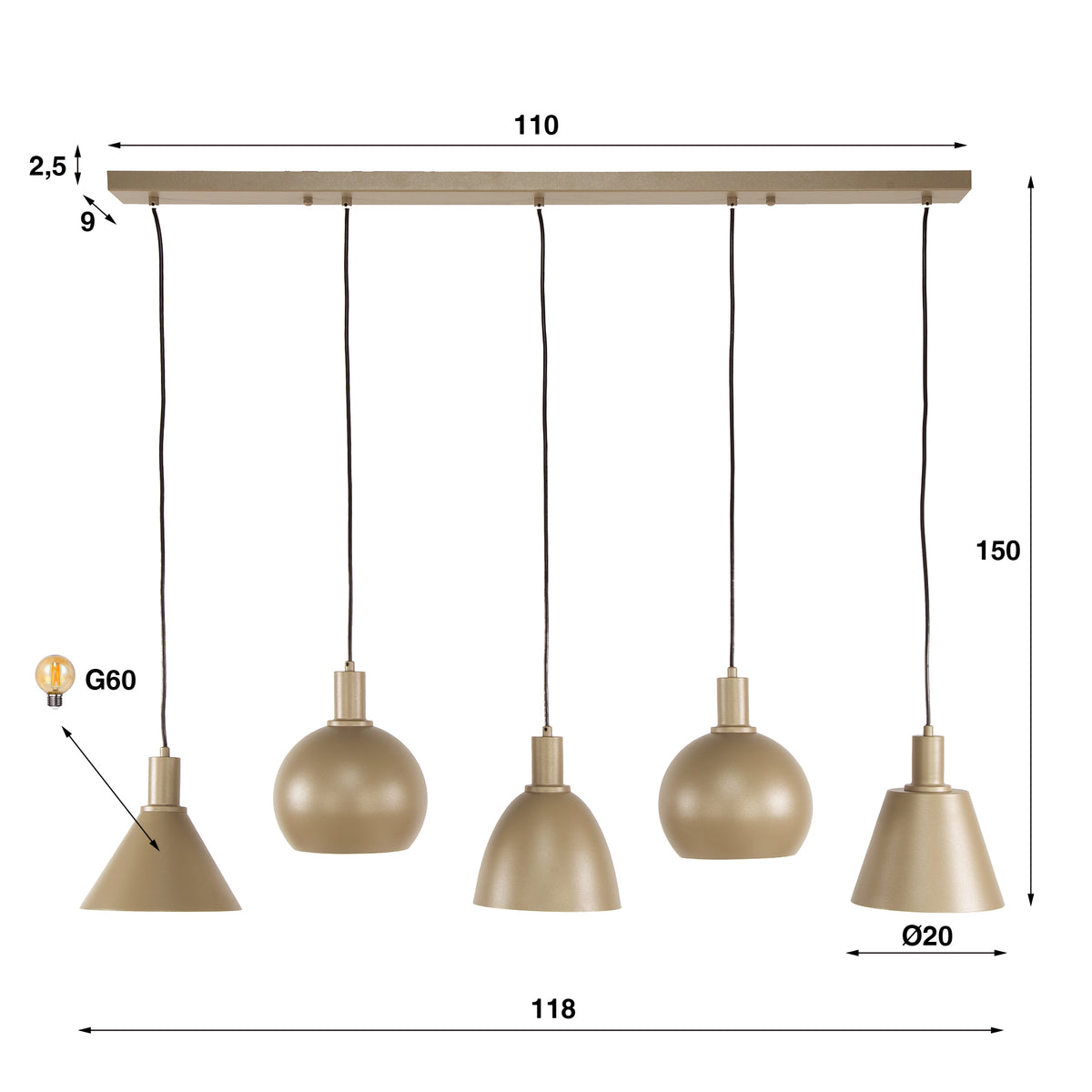 Hanglamp Metallo beige - 5-lichts, 118 cm breed