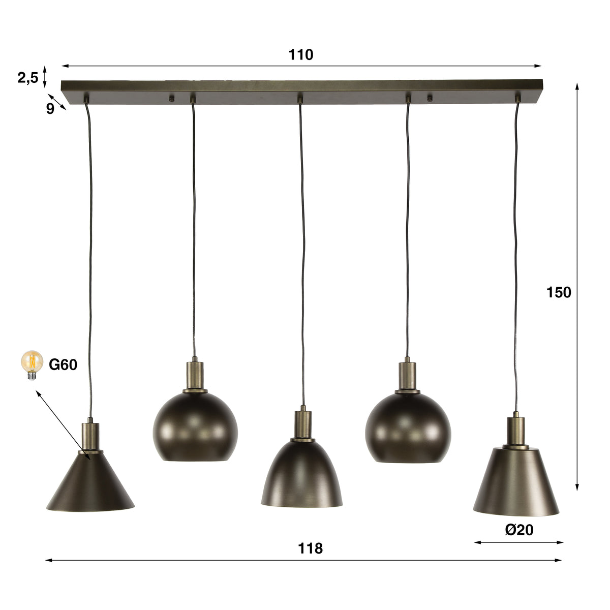 Pendant lamp Metallo sienna brown - 5-light, 118 cm wide