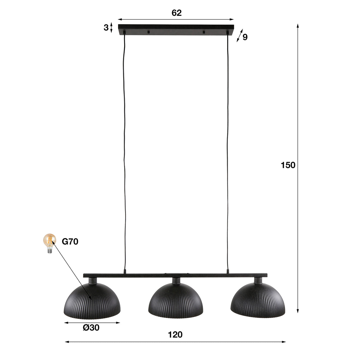 Pendant lamp Ripple artic black - 3-light, 120 cm wide