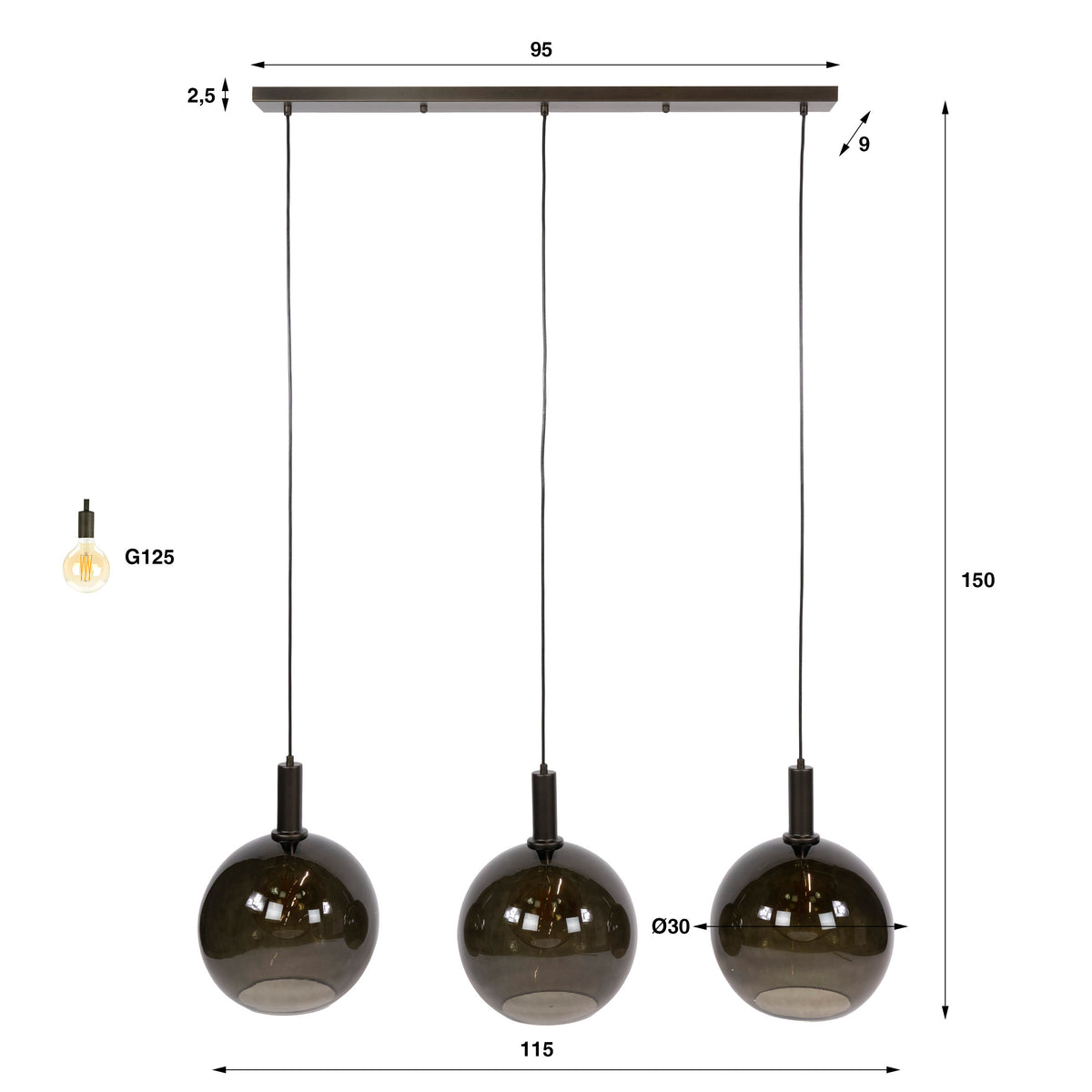 Suspension Sfera Tricolore brun sienna - 3 lumières, largeur 115 cm