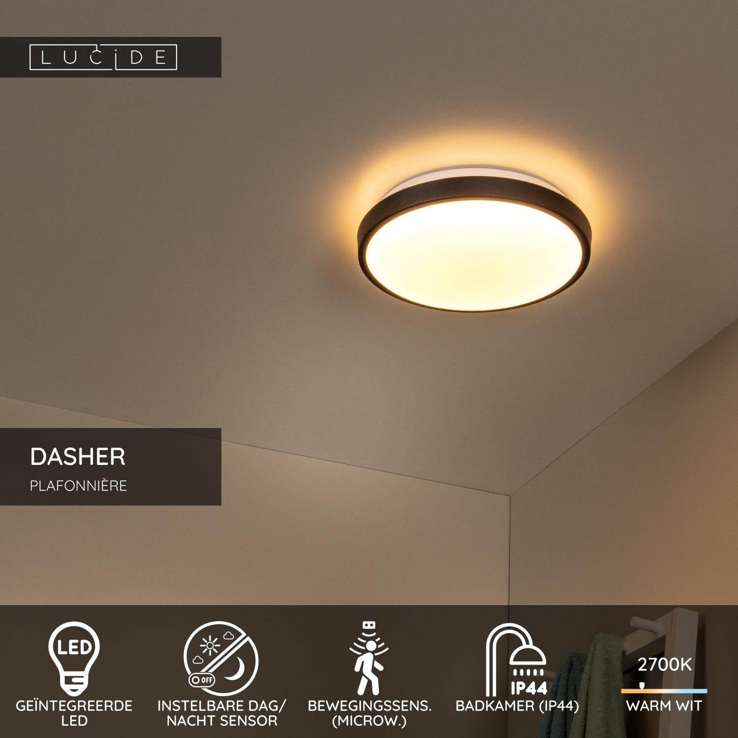 DASHER - Plafonnière Badkamer - Ø 29,3 cm - LED - 1x12W 2700K - IP44 - Bewegingssensor - Zwart