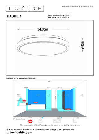 DASHER - Plafonnier Salle de bain - Ø 34,8 cm - LED - 1x18W 2700K - IP44 - Détecteur de mouvement et jour/nuit - Blanc