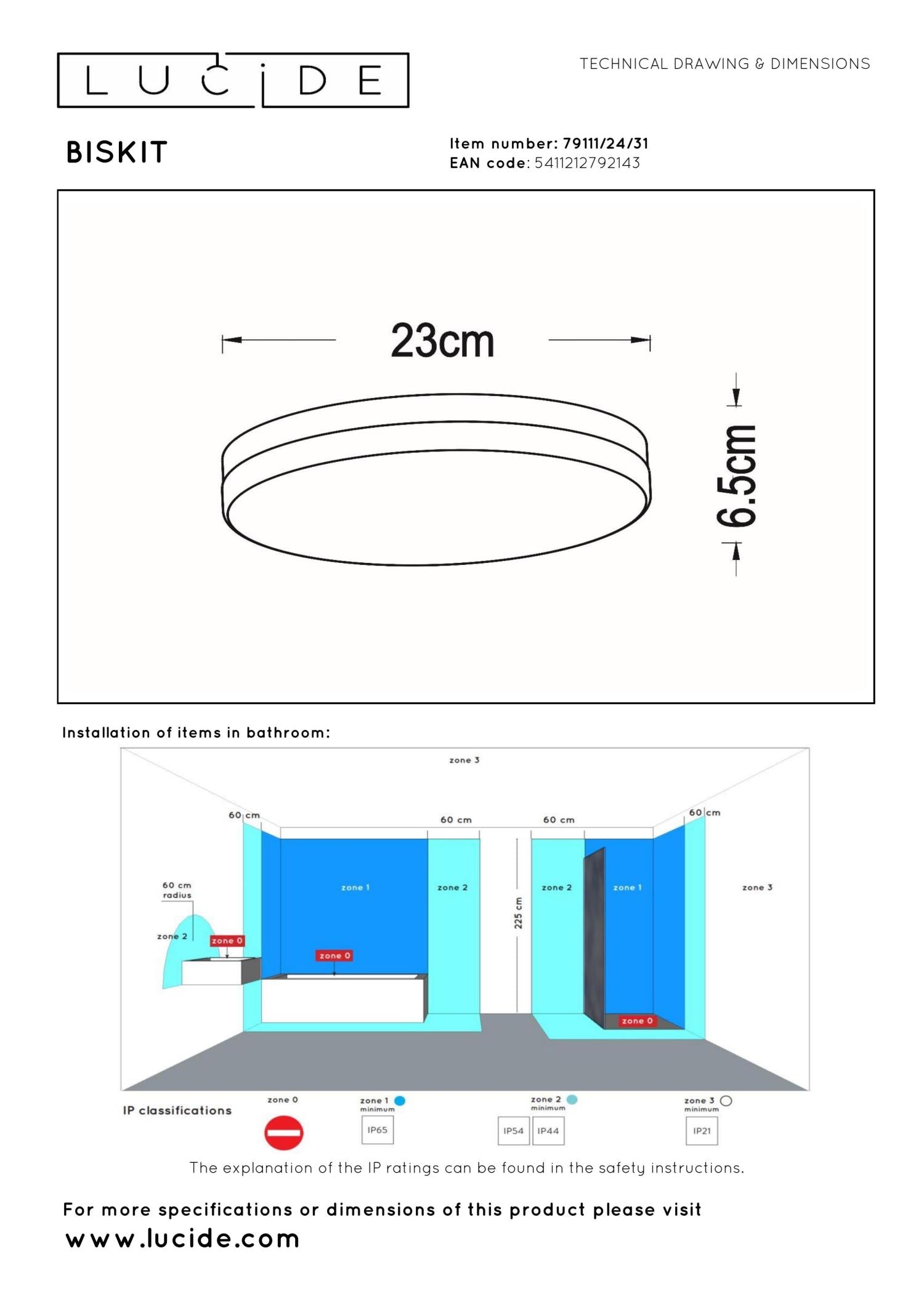 BISKIT - Plafonnier Salle de bain - Ø 23 cm - LED - 1x12W 2700K - IP44 - Détecteur de mouvement - Blanc