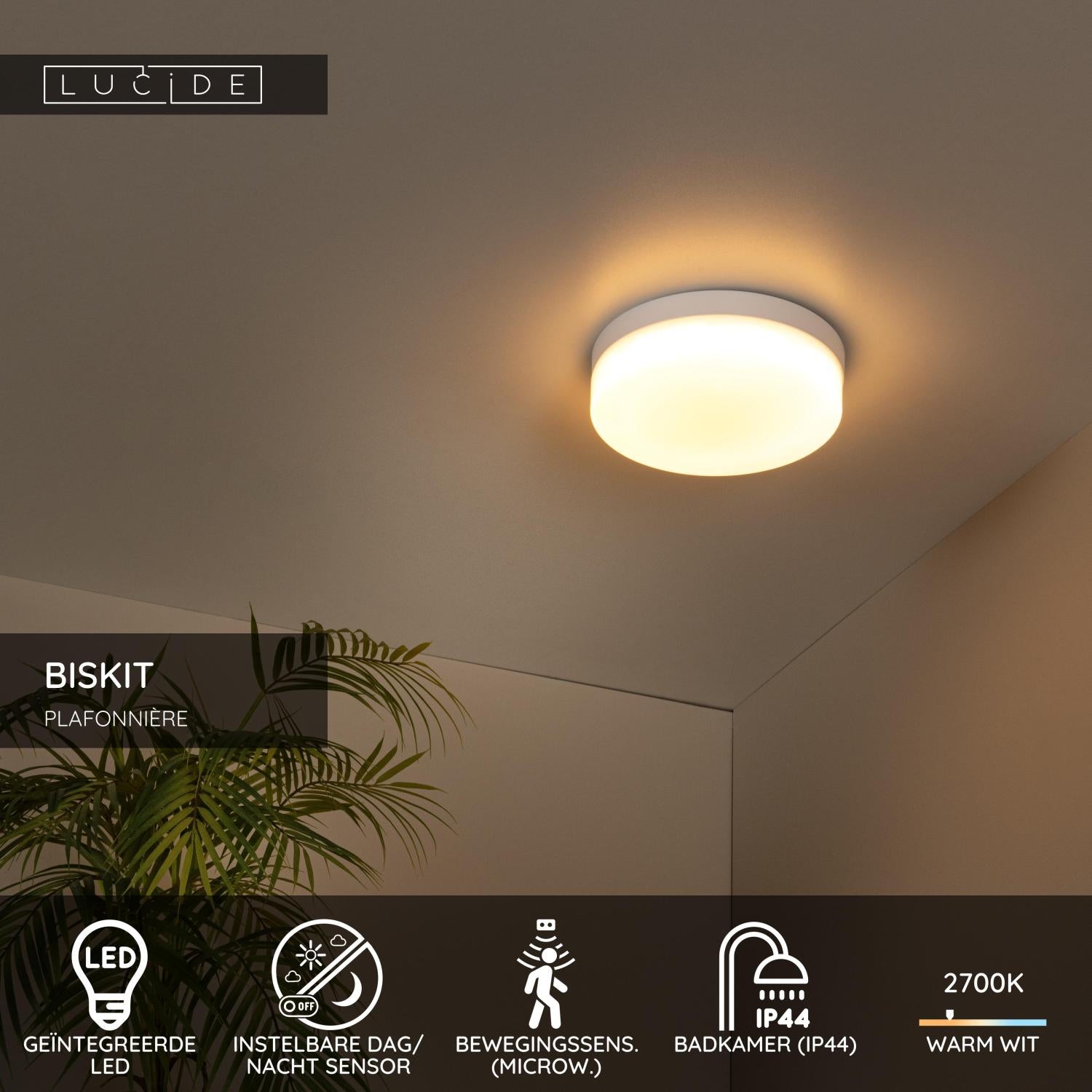 BISKIT - Plafonnière Badkamer - Ø 23 cm - LED - 1x12W 2700K - IP44 - Bewegingssensor - Wit