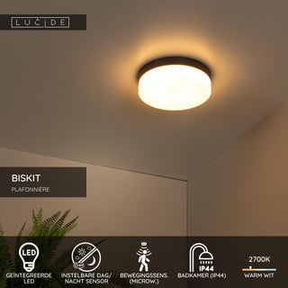 BISKIT - Plafonnière Badkamer - Ø 28 cm - LED - 1x18W 2700K - IP44 - Bewegingssensor - Zwart
