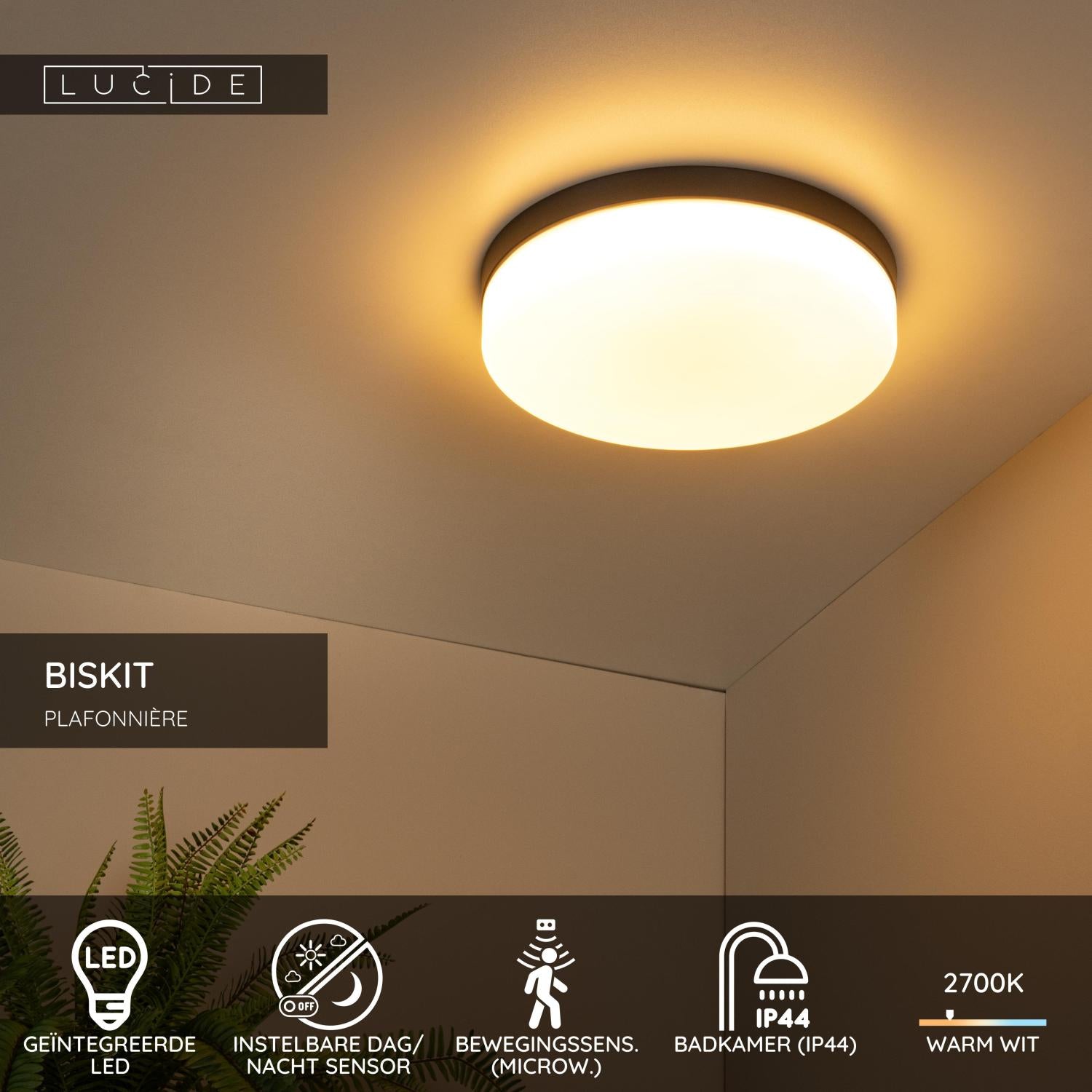 BISKIT - Plafonnière Badkamer - Ø 34,5 cm - LED - 1x24W 2700K - IP44 - Bewegingssensor - Zwart